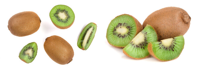 sliced kiwi fruit isolated on white background. Flat lay pattern. Top view