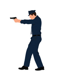 Male Police Officer Shooting Illustration, Standing Policeman On Uniform Pointing Gun Flat Vector