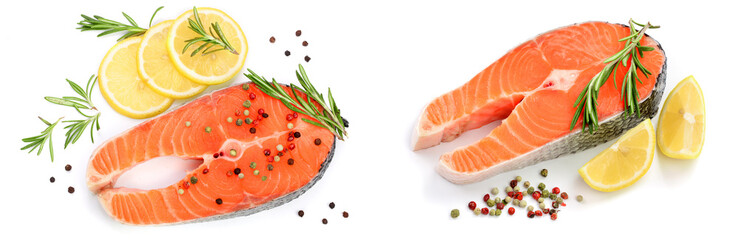 Slice of red fish salmon with lemon, rosemary and peppercorns isolated on white background. Top view. Flat lay