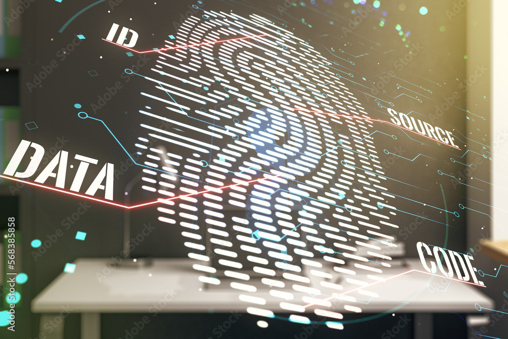 Aufkleber Abstract creative fingerprint concept and modern desktop with computer on background. Multiexposure