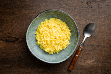 Risotto alla milanese, italian dish, top view