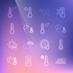 Set line Rainbow with cloud, Meteorology thermometer, Thermometer and moon, Kelvin, sun, and icon. Vector