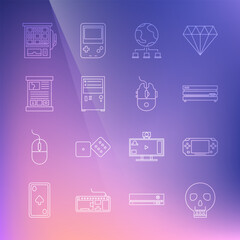 Set line Skull, Portable video game console, Video, Computer network, Game guide, Slot machine and mouse gaming icon. Vector