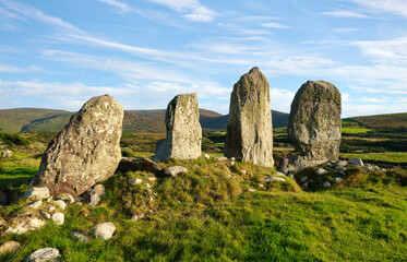 Eightercua megalithic stone row. Probably facade of 3700 year old prehistoric tomb. Near Waterville on The Ring of Kerry, Iveragh peninsula, Ireland