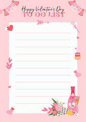 Fototapeta na wymiar Cute valentines day to do list template with romantic element on pink background. Check list. Holiday flat style illustration for valentine's day or wedding card
