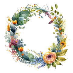 Obraz na płótnie Canvas Watercolor of flowers wreath. Circle of mixed flower wreath. Watercolour art about summer flowers. Wreath of colourful flowers on transparent background. Generative AI.