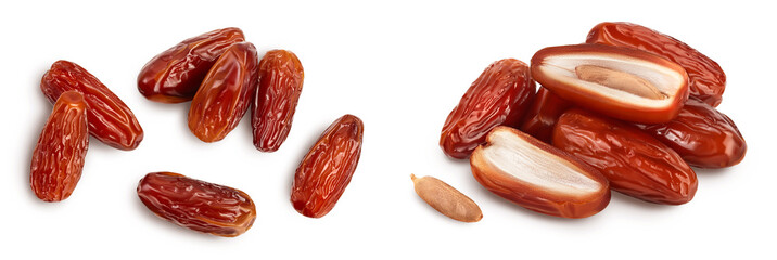 Dates isolated on white background . Top view. Flat lay