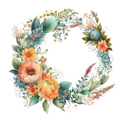Obraz na płótnie Canvas Watercolor of flowers wreath. Circle of mixed flower wreath. Watercolour art about summer flowers. Wreath of colourful flowers on transparent background. Generative AI.