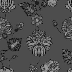 vector seamless pattern with floral Ukrainian ornament grey