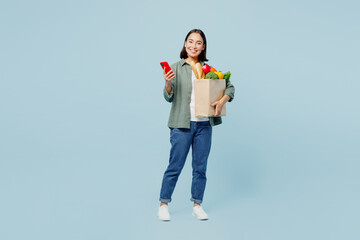 Full body happy young woman in casual clothes hold brown paper bag with food products use mobile cell phone isolated on plain blue background studio portrait. Delivery service from shop or restaurant.
