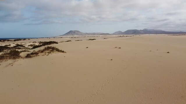 Aerial view of the sandy desert and landscape of Fuerteventura. Native video shot with DJI professional drone.