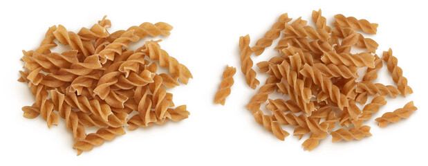 Wolegrain fusilli pasta from durum wheat isolated on white background with full depth of field. Top...