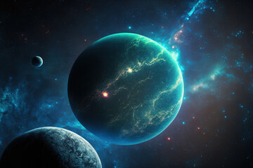 Obraz na płótnie Canvas Planets illuminated by a blue star lovely, deep space Scientific fiction. This image's components were provided by NASA. Generative AI