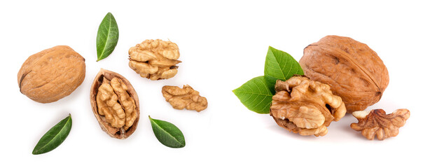 Walnuts with leaf isolated on white background. Top view. Flat lay