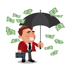 Office worker character hold umbrella and standing under money rain