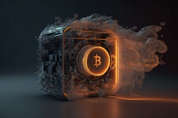 Abstrakte Illustration zum Thema Krypto. Kreative Darstellung der Technologie Datenbank, Netzwerk, Blockchain und virtueller Geldeinheiten wie z.B. Bitcoin. Generative KI.
