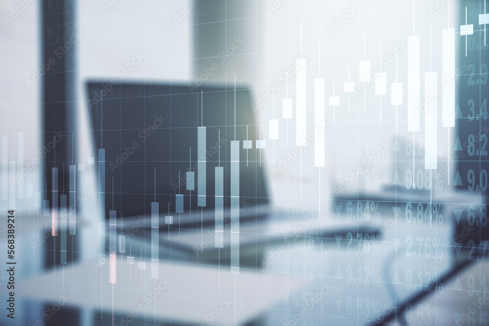 Poster multi exposure of abstract financial diagram on computer background, banking and accounting concept