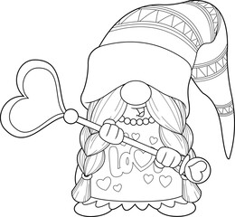 Outlined Cute Female Gnome Cartoon Character Holding A Magic Wand Of Love. Vector Hand Drawn Illustration Isolated On Transparent Background