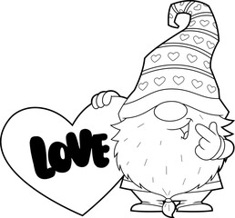 Outlined Cute Gnome Lover Cartoon Character Holding A Heart With Text Love. Vector Hand Drawn Illustration Isolated On Transparent Background