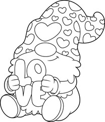 Outlined Cute Gnome Lover Cartoon Character Holding A Red Text Love. Vector Hand Drawn Illustration Isolated On Transparent Background