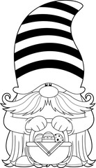 Outlined Cute Gnome Cartoon Character Holding A Basket With Easter Eggs. Vector Hand Drawn Illustration Isolated On Transparent Background