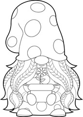 Outlined Cute Female Gnome Cartoon Character Holding A Flower Pot. Vector Hand Drawn Illustration Isolated On Transparent Background