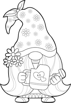recommend clip art: Outlined Cute Female Gnome Cartoon Character Holding Gardeners Watering Can. Vector Hand Drawn Illustration Isolated On Transparent Background