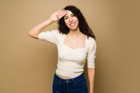 Beautiful Woman Saying Hello Using American Sign Language