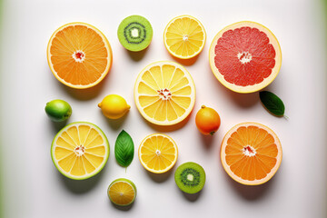 Background Fruit. Fruit in various colors on a white table. Grapefruit, orange, kiwi, lime, and tangerine. top perspective, copy space, and a flat lay. Generative AI