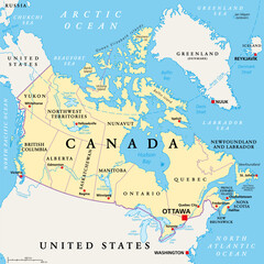 Fototapeta premium Canada, administrative divisions, political map. The ten provinces and three territories of Canada, with their borders and capitals. Country in North America, and second largest country of the world.