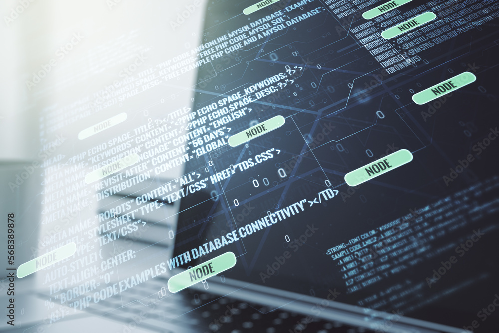 Poster double exposure of abstract creative programming illustration on computer background, big data and b