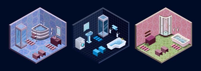 A set of isometric interiors. Bathroom with Jacuzzi, relaxation room, spa, swimming pool, massage, shower. Open cubes without a ceiling, a view of the apartment from above. Vector graphics.
