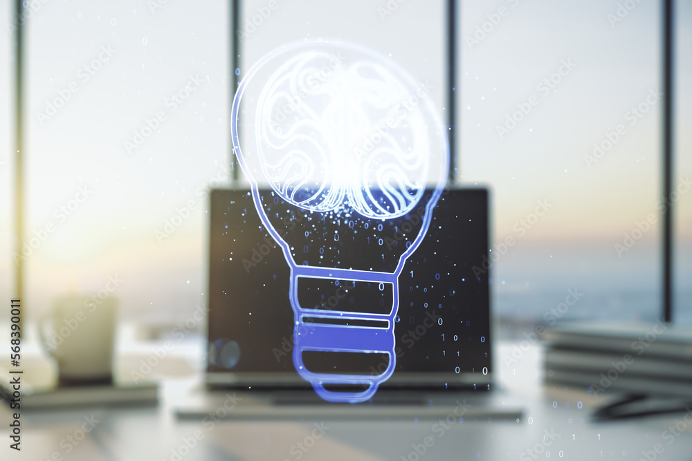 Aufkleber Creative light bulb with human brain hologram on modern laptop background, artificial Intelligence and neural networks concept. Multiexposure