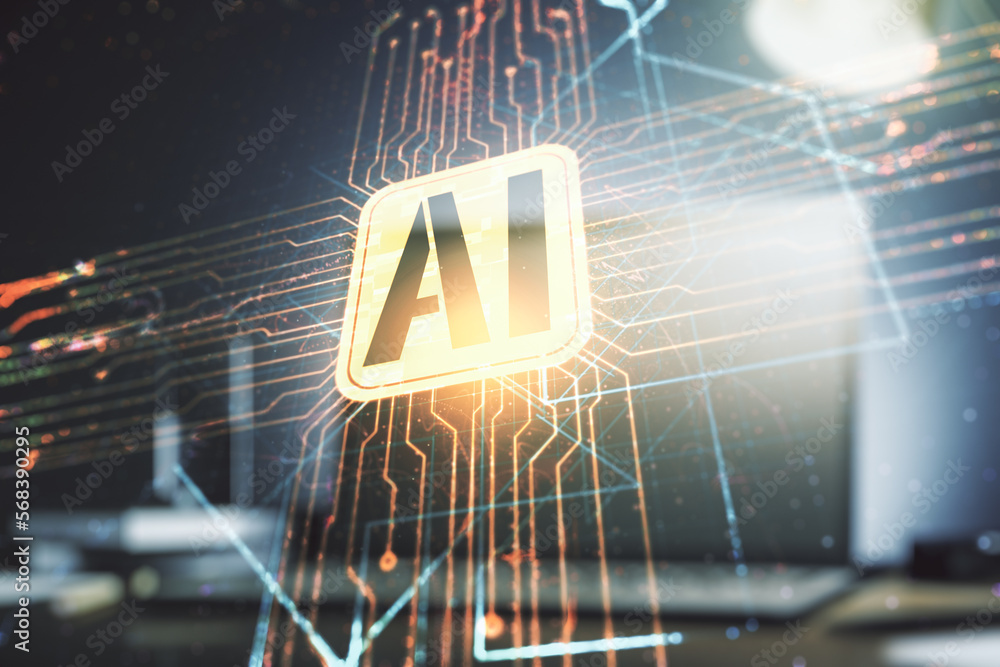 Aufkleber double exposure of creative artificial intelligence icon with modern laptop on background. neural ne