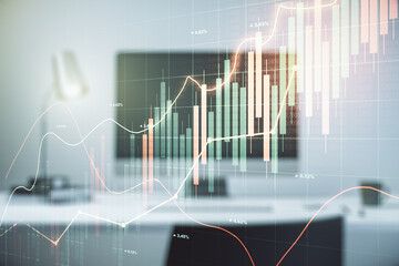 Abstract creative financial graph on modern laptop background, forex and investment concept. Multiexposure