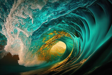 Inside of a perfect smooth wave, turquoise water. Generative AI. 