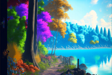 Colorful landscape, bright colors, lake, trees, green, yellow, purple, blue, orange