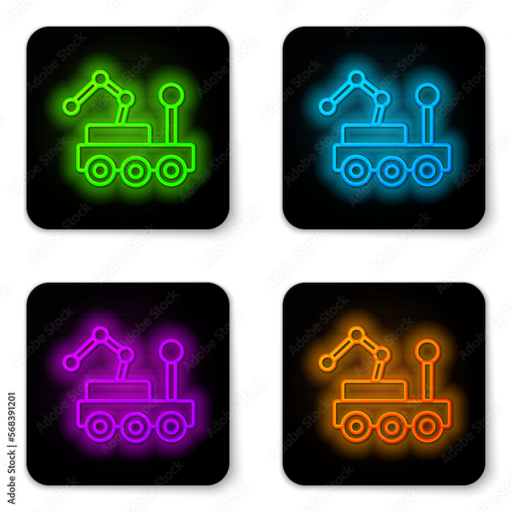 Poster glowing neon line mars rover icon isolated on white background. space rover. moonwalker sign. appara