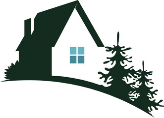 Silhouette of a house and green pine trees, a symbol of the construction and repair of a house