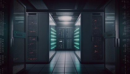 Modern interior server room data center. Connection and cyber network in dark servers. Backup, mining, hosting, mainframe, farm, cloud and computer rack with storage information. Generative AI