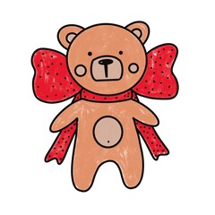 Illustration of cute brown bear with a big red bow.