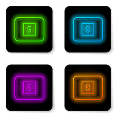 Glowing neon line Stop media button icon isolated on white background. Black square button. Vector
