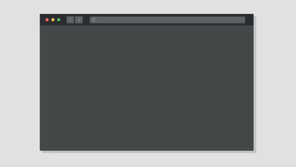 Blank web browser window. Modern website dark mode browser mockup for desktop. Vector illustration.