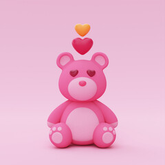 3d Cute teddy bear with heart-shape balloons isolated on pink background. Element decor for Valentine's Day, Mother's Day or birthday. 3d rendering.