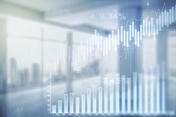 Multi exposure of abstract virtual financial graph hologram on empty corporate office background, forex and investment concept