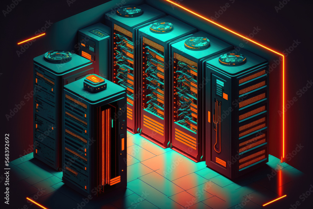 Poster image of a server room with servers and flashing lights processing data concept of a global network 