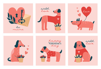 Square Valentine's Day cards with cute illustrations of dogs, puppies, envelopes, mail, hearts, bouquet of flowers, labels, key. Set of vector elements in flat romantic style.
