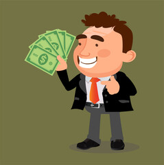 Happy rich businessman character hold fan of money 