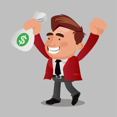 Happy rich businessman character hold fan of money 