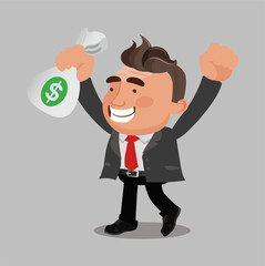 Happy rich businessman character hold fan of money 